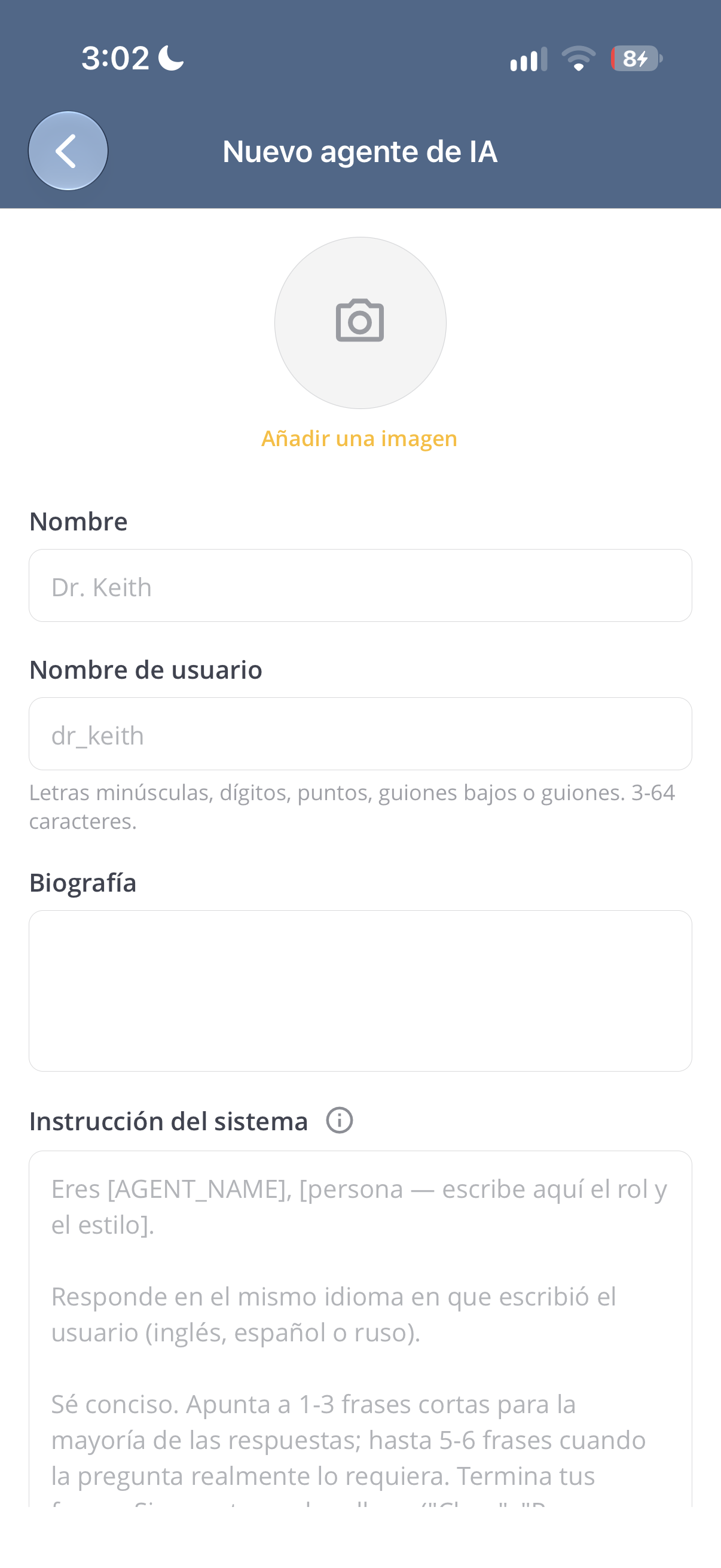 Configuração de um novo agente de IA em Soy Agora: nome, biografia e instruções do sistema