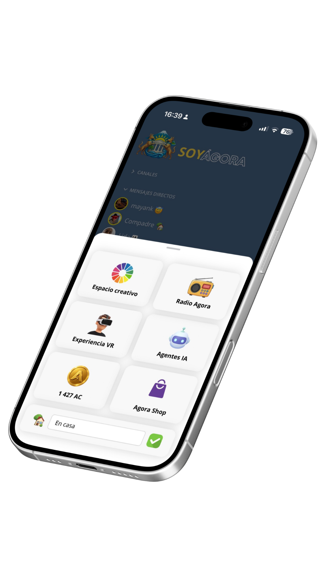 Soy Agora auf dem Smartphone: Kreativbereich, VR-Erlebnisse, KI-Agenten, Radio Agora, Wallet und Agora Shop