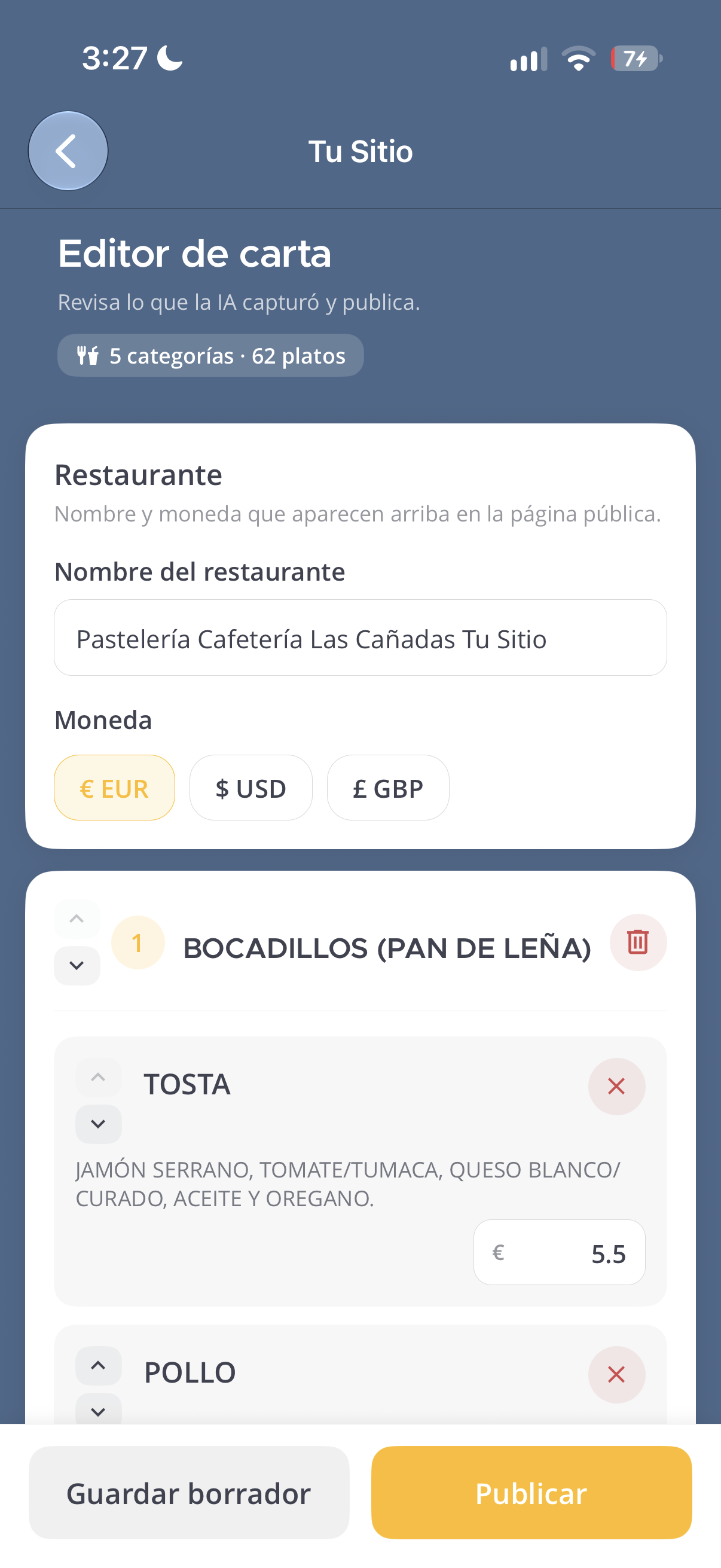 Editor di menu di Soy Agora con categorie, piatti, descrizioni e prezzi modificabili