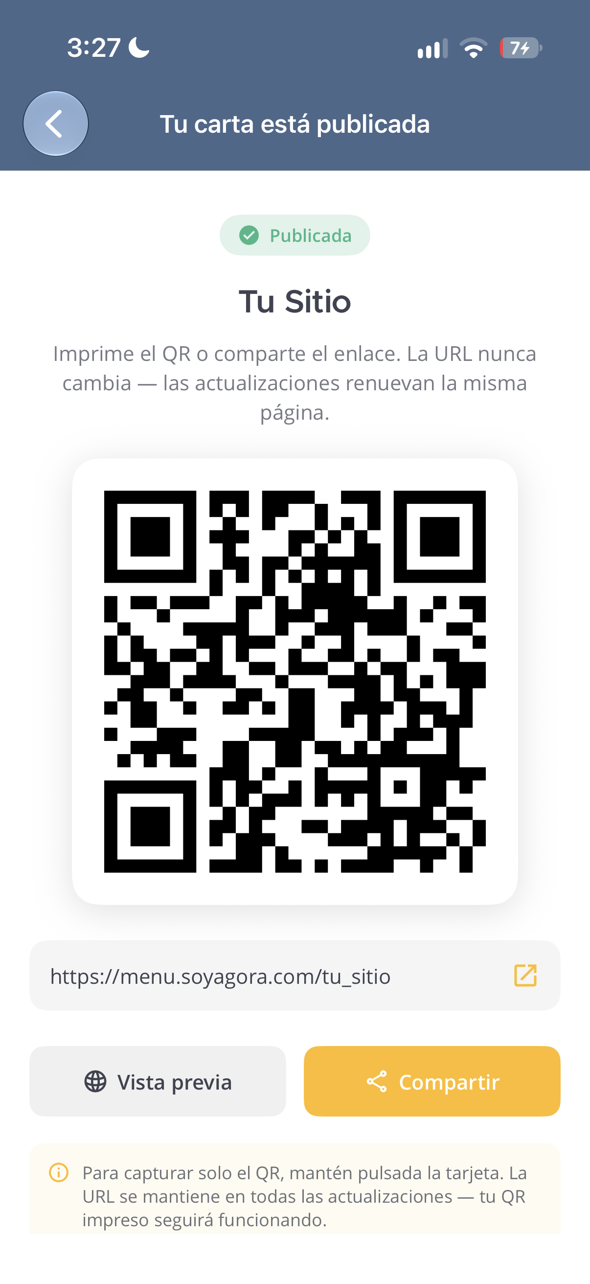 Menu pubblicato con link e codice QR che si mantengono negli aggiornamenti