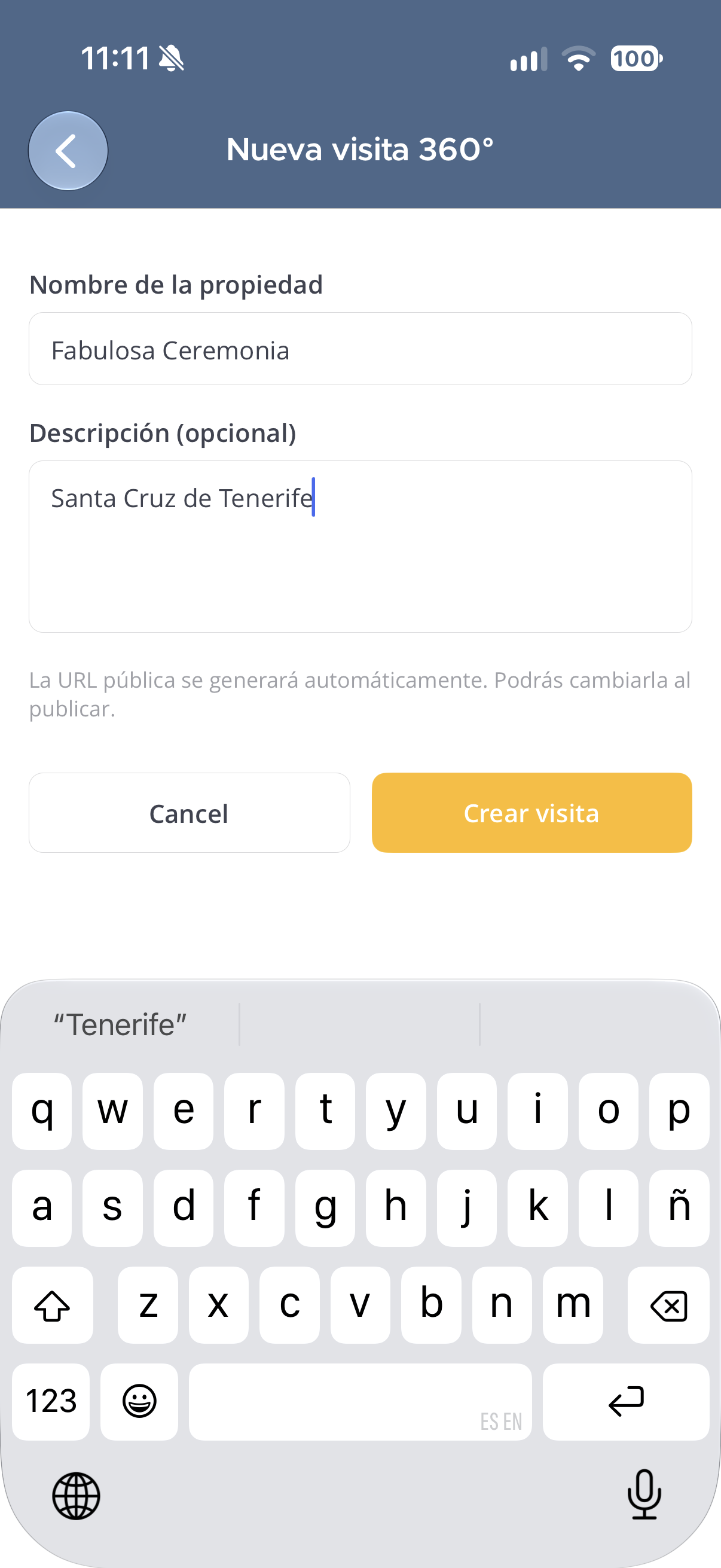 Nova visita 360°: nome da propriedade, descrição e botão Criar visita