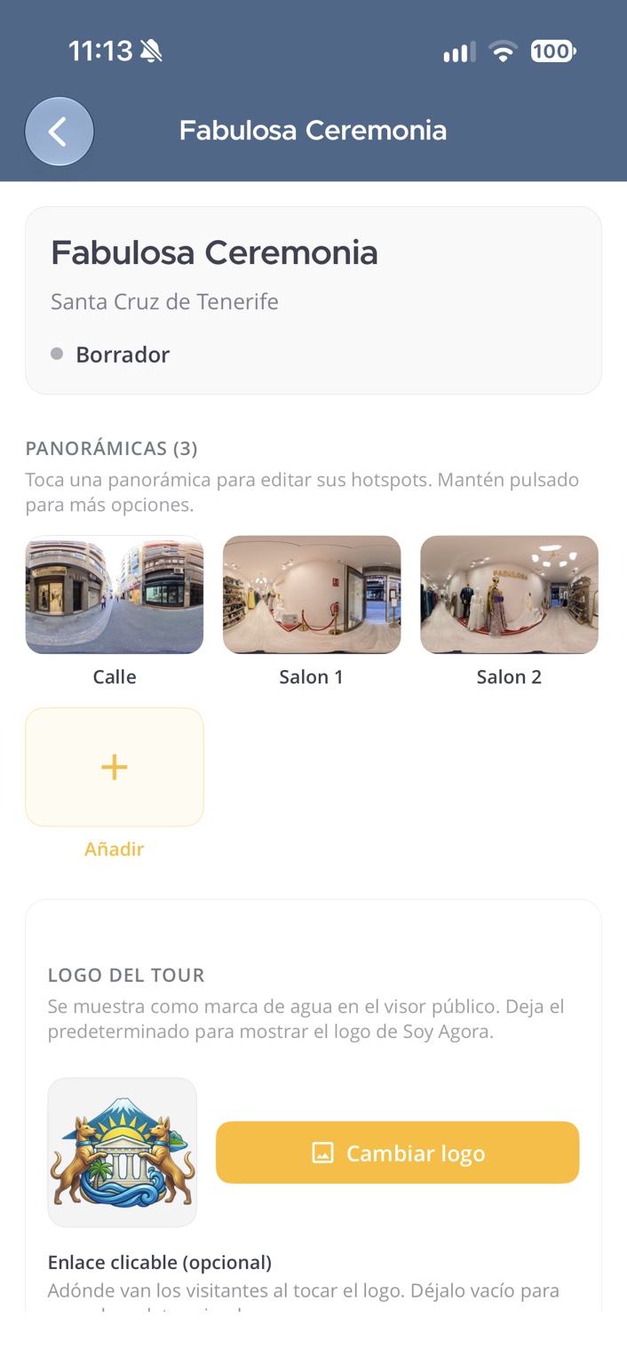 Panorâmicas Rua, Sala 1 e Sala 2 no editor, com opções para adicionar imagens e alterar o logótipo