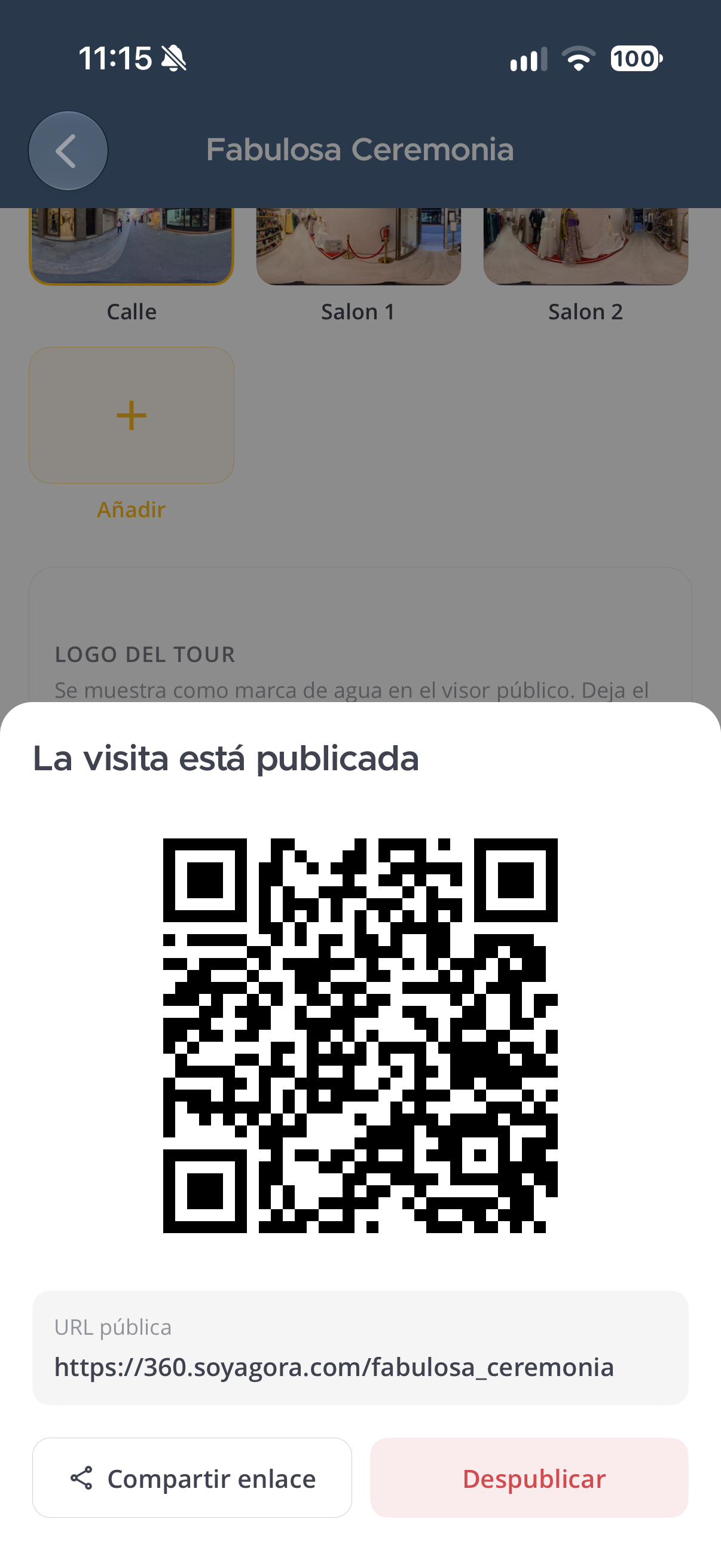 Visita Fabulosa Ceremonia publicada com o seu código QR, URL público e botão para partilhar a ligação
